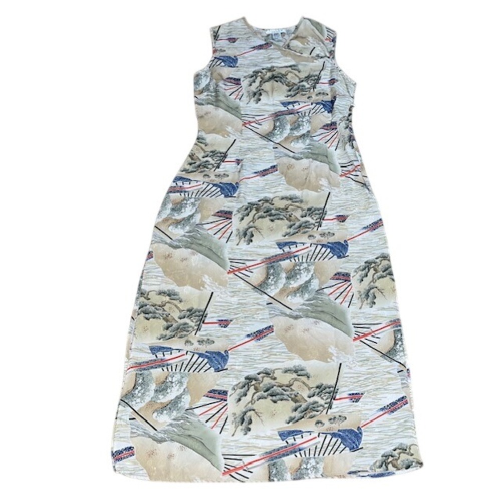 Citron Santa Monica Silk Maxi Dress Asian Landscape Print Multicolor Medium